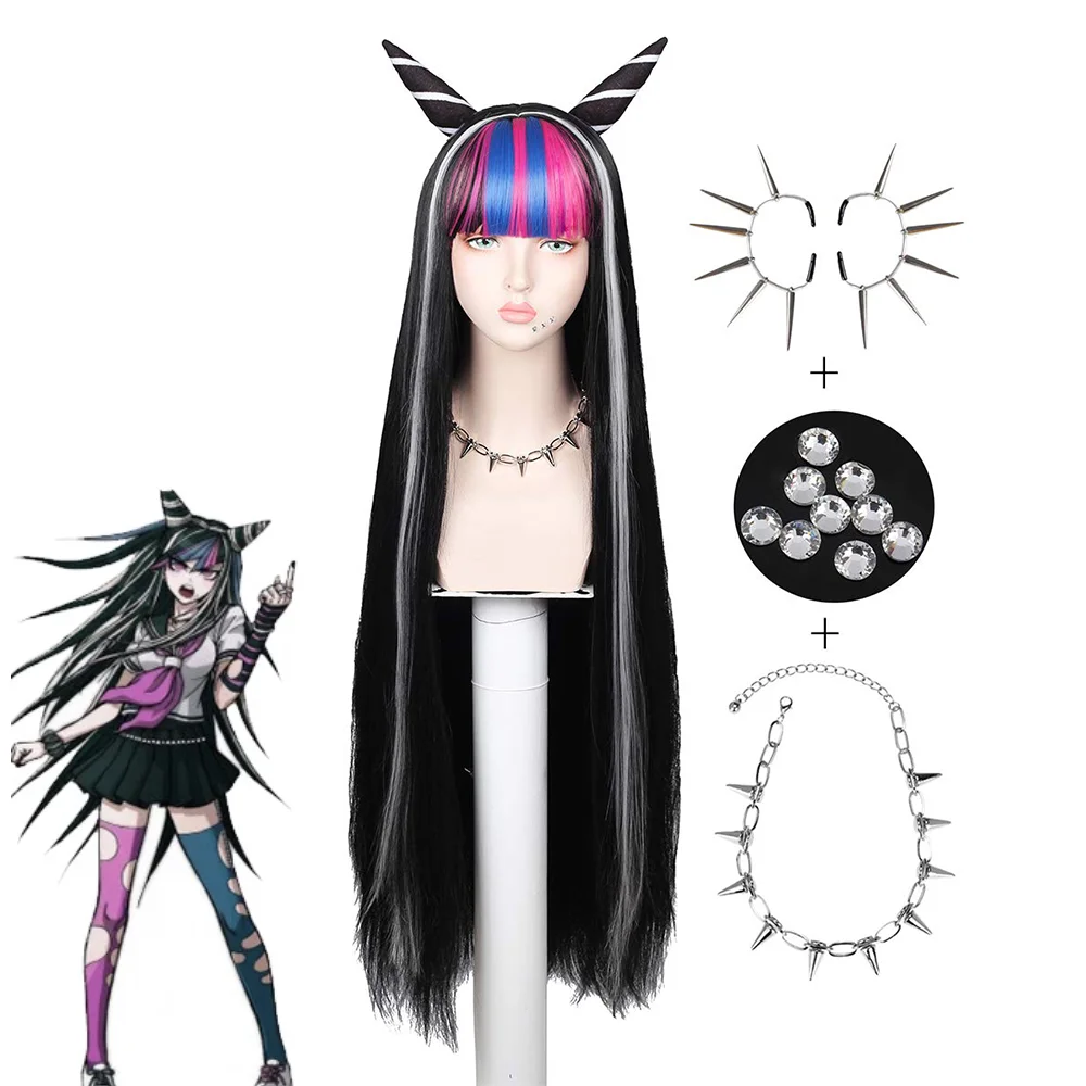 FGY Anime Danganronpa Mioda Ibuki Long Straight Hair Cosplay Belt Ms. Liu Hai Wig Black And White Heat-Resistant Synthetic Wig