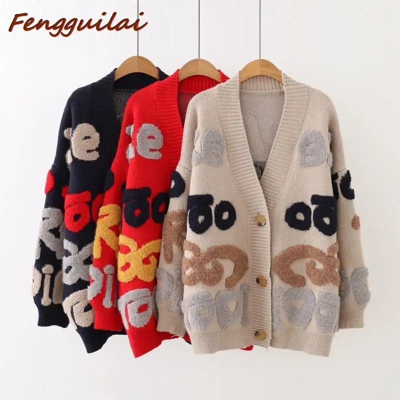 

FENGGUILAI 2020 Spring Autumn Loose Knitting Sweater Women Letter Pattern Casual Cardigans Ladies Thicker Long Sleeve