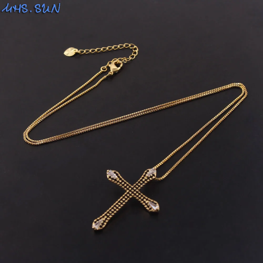 Ожерелье с кулоном "MHS.SUN Cute Zircon Cross", украшенным модным цепочкой, инкрустированным AAA CZ, в трендовом стиле, для женщин и девушек, 1 шт.