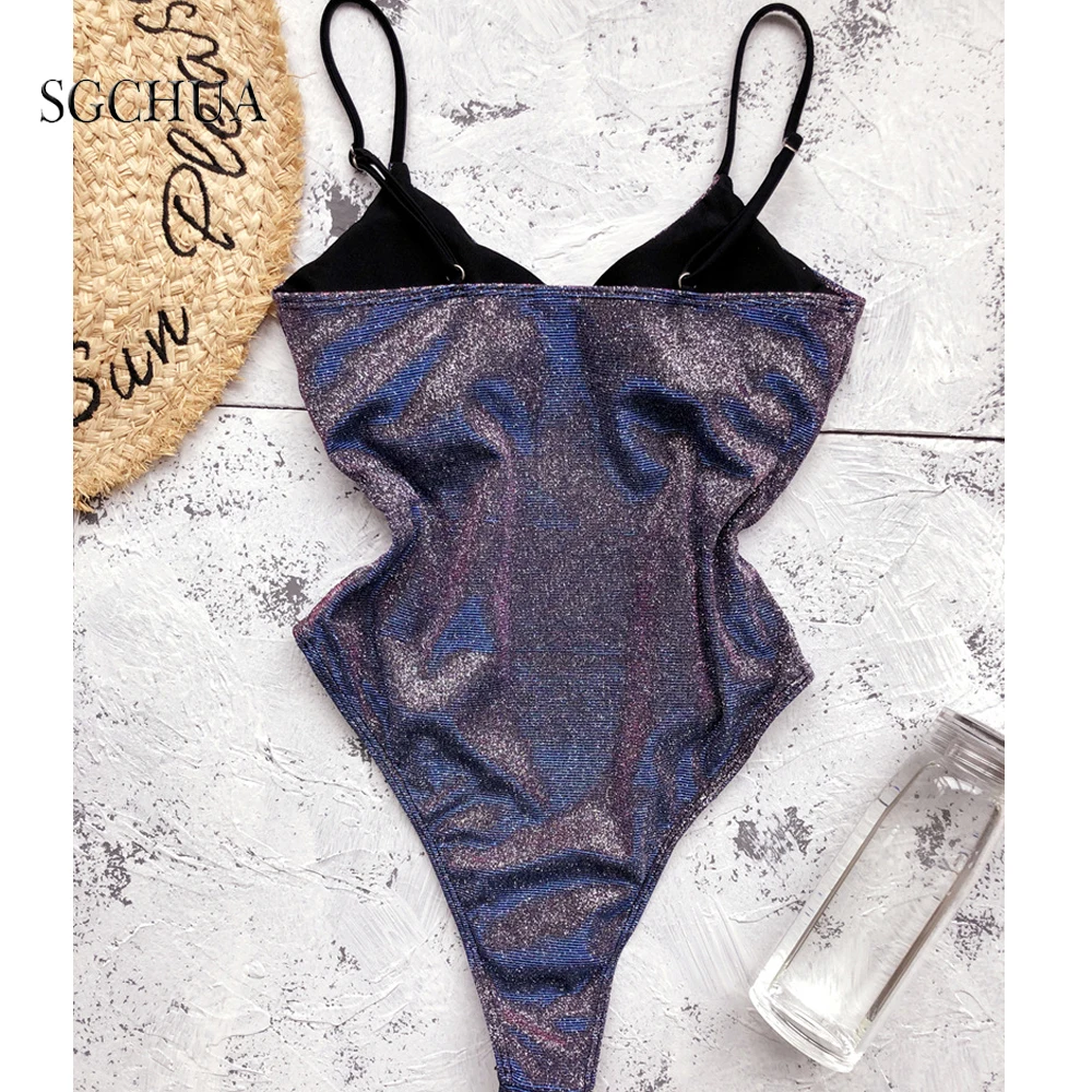 

2021 Shiny One Piece Swimsuit Women Swimwear Sexy V Neck High Cut Swimming Suit Female Monokini Bodysuit Beach Bathing Suit Swim
