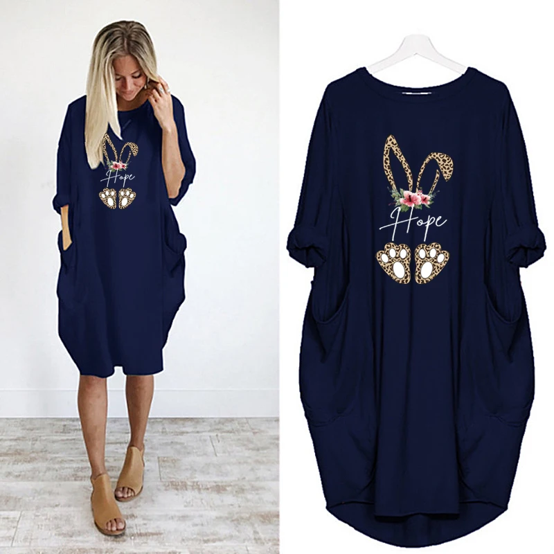 

Rabbit Leopard Printing Dress With Pocket Loose Womenswear Cartoon Vestidos Party Club Casual Black Dresse