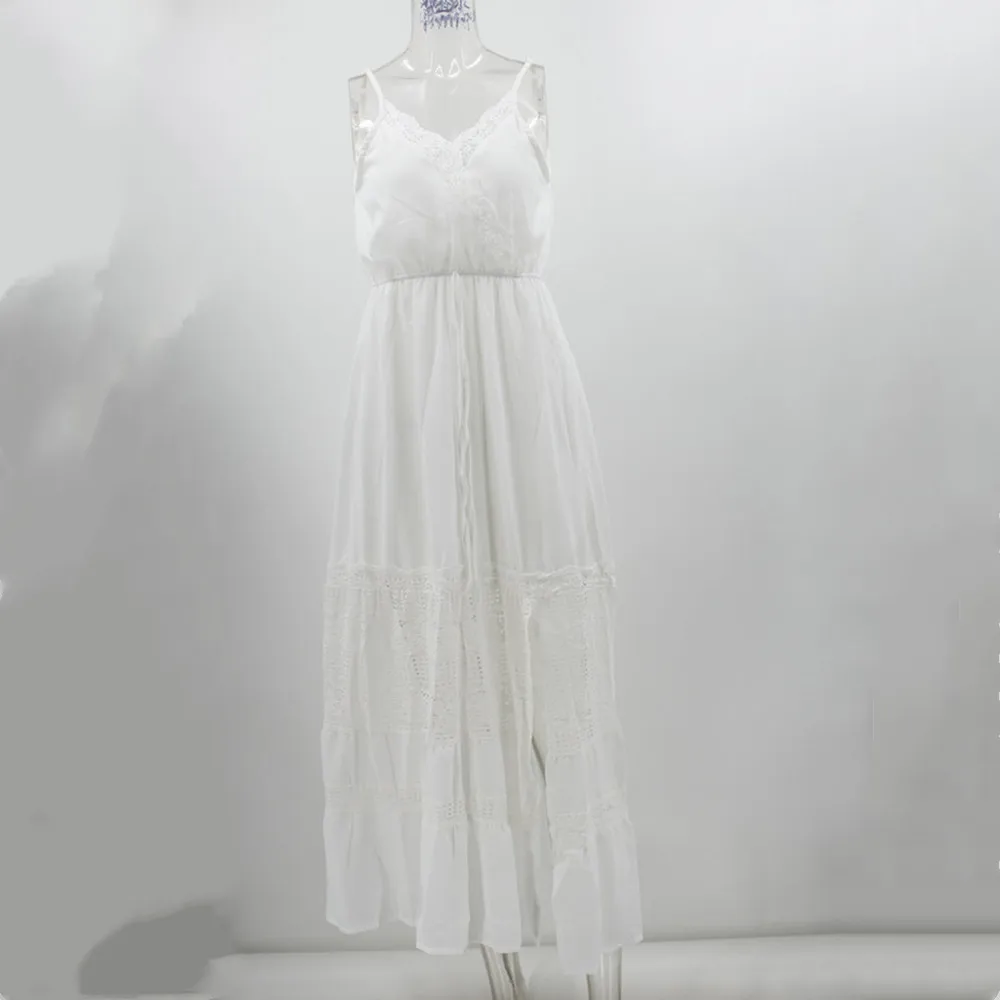 

Summer Dress 2020 Sexy Lace Suspenders Women's V-neck Big Swing Maxi Dress Female Solid White Hollow Out Split Long Dress Robes