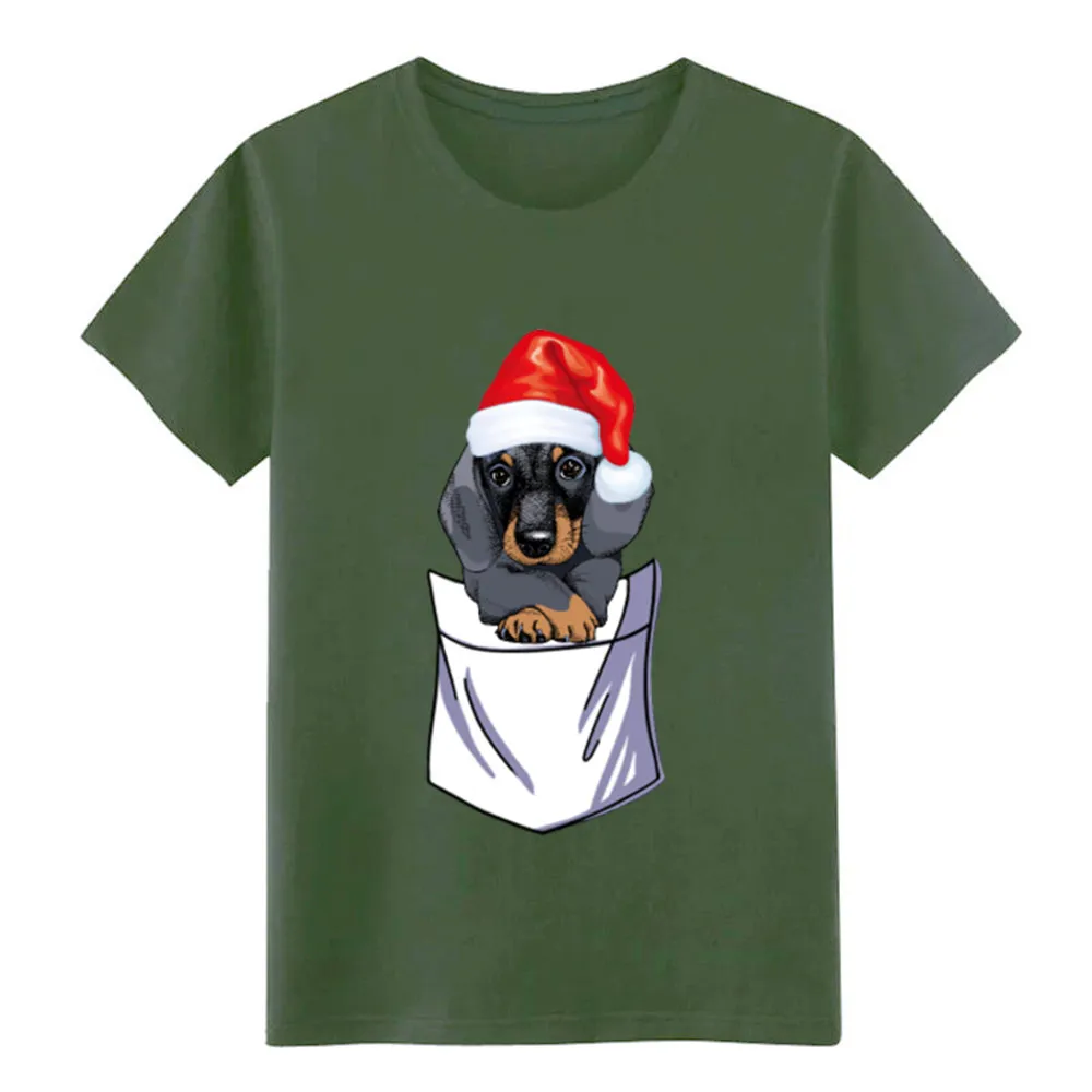 Рождественская футболка с карманом Санта-таксы Мужская Дизайнерская хлопковая
