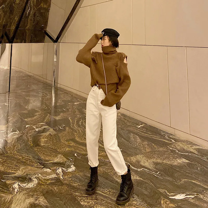 Хлопковые белые джинсы для женщин с высокой талией шаровары мам весенние новые