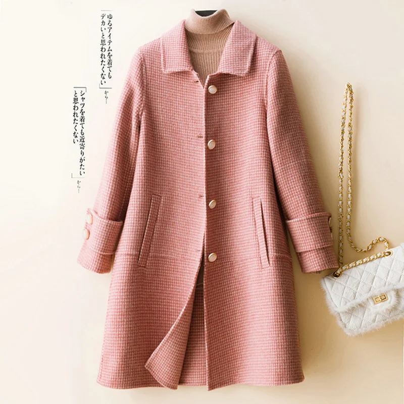 

Женское клетчатое пальто средней и длинной длины, свободное осенне-зимнее шерстяное пальто с кукольным отворотом, кленовое пальто 4