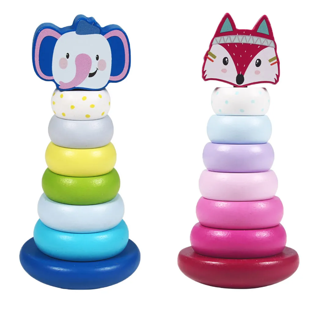 Montessori Kid Education Funny Toys Wooden Rainbow Tower Colorful Rings Stacked Toys For Boy Girl Kids Baby Children Gift