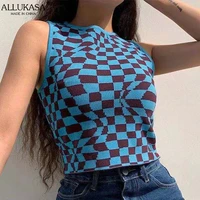 allukasa plaid y2k knitted tank tops women summer vintage sleeveless round neck tees casual knitwear streetwear camis lady vest