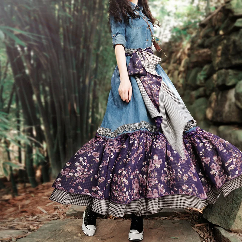 

Vintage Floral Printed Denim Patchwork Pleated Long Dresses for Women Elegant Ruffles Jeans Dress Spring Autumn Vestido Longo