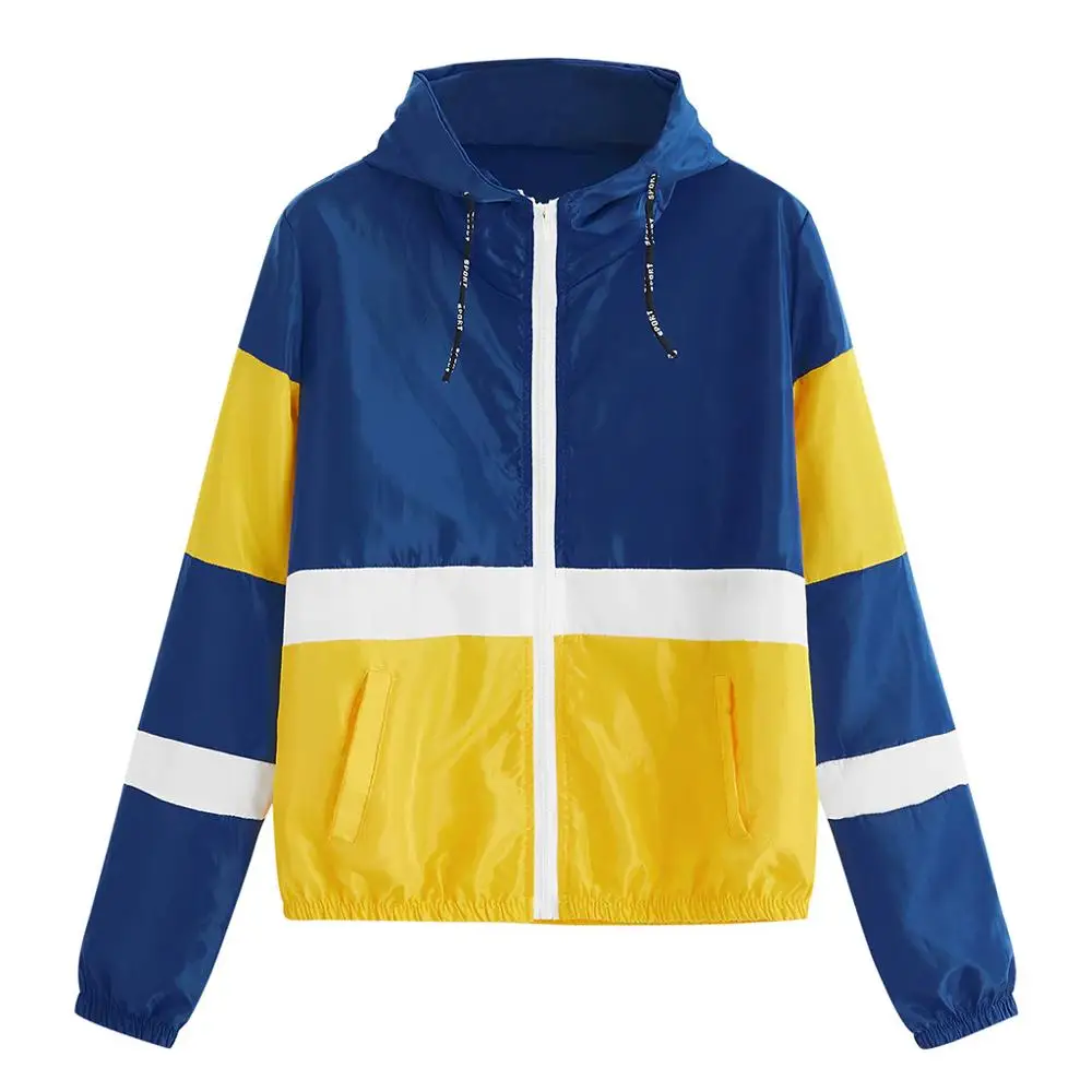 

Female Patchwork Jackets Women Long Sleeve Thin Skinsuits Hooded Zipper Pockets Sport Coat windbreaker Casual Outwear coat A3