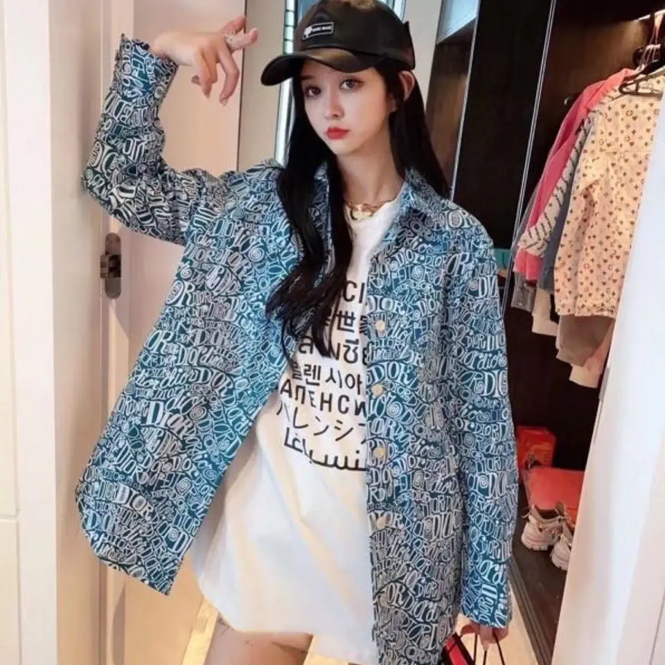 

2021 spring tide flow new Korean wind full printed letters loose Joker long cardigan coat men and women