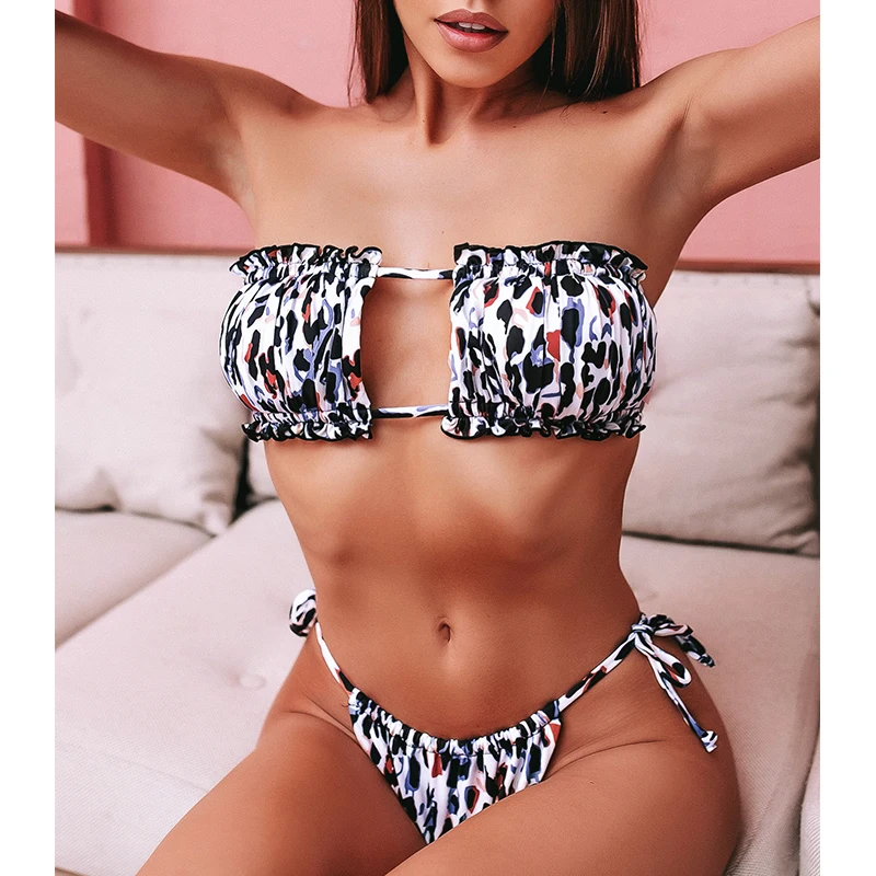 Sexy bandeau swimsuit female 2020 Leopard print bikini set High cut swimwear women Micro Bathers bathing suit biquini new | Спорт и