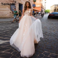 sumnus luxury pink wedding gowns appliques lace sleeveless custom made bridal dress sexy backless boho wedding party gowns