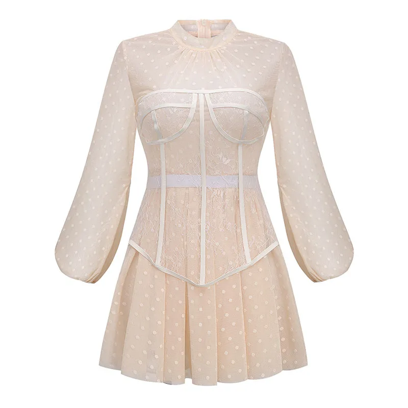 

2021 New Sexy Long Puff Sleeeve Women A Line Sexy Dress Elegant High Neck Dots Dress Bodycon Party Dress with Leather Corset