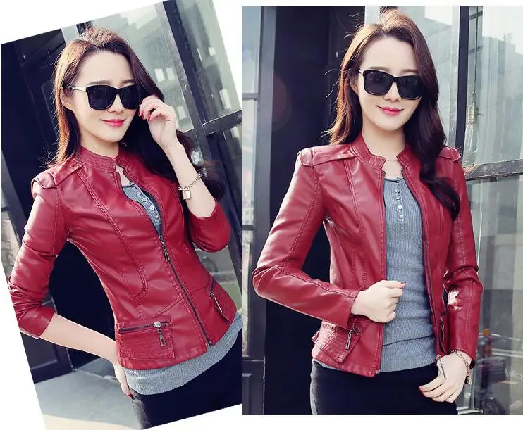Женская Короткая кожаная куртка однотонная Повседневная приталенная из