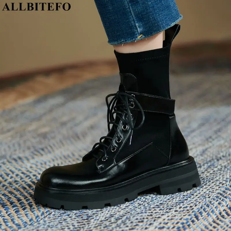 

ALLBITEFO Lace Design Non-Slip Comfortable Real Genuine Leather Women Boots Autumn Winter Boots Shoes Fashion Girls Ankle Boots