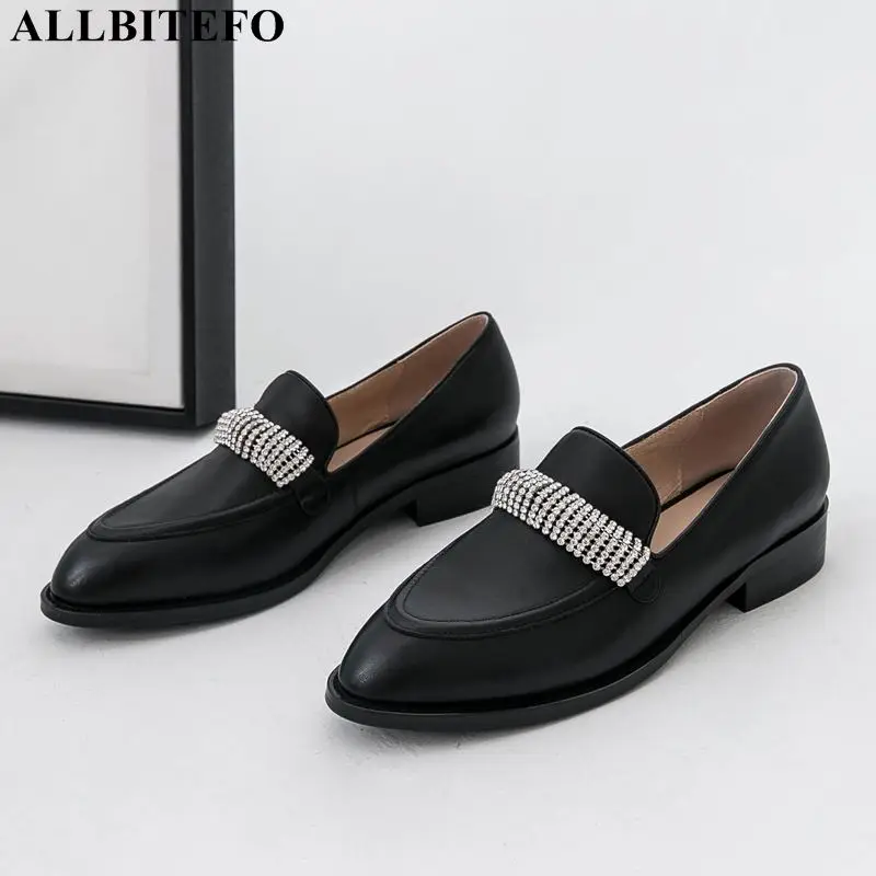 ALLBITEFO/модные женские туфли из натуральной кожи на толстом каблуке со стразами