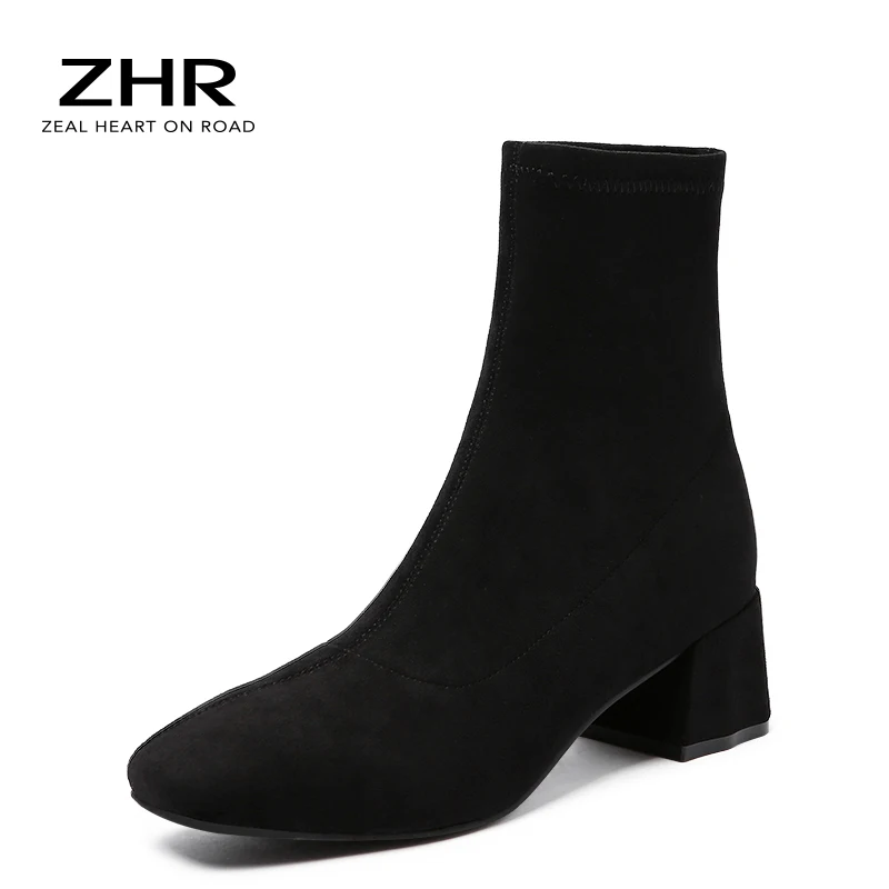 

2021 Stretch Flock Boots Women Sock Ankle Boot Female Square Toe Thick Heels Suede Shoes Ladies Fashion Suede Winter Boots
