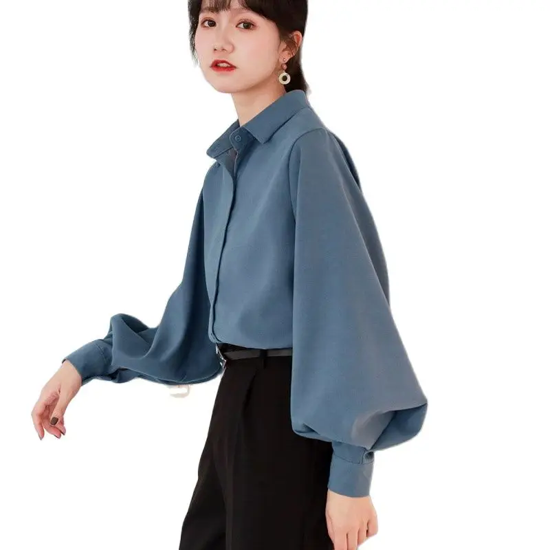 

Vintage Designer Blouses Women Spring Autumn Turn-down Collar Long Lantern Sleeve White Black Shirts Tops Office Lady Clothing