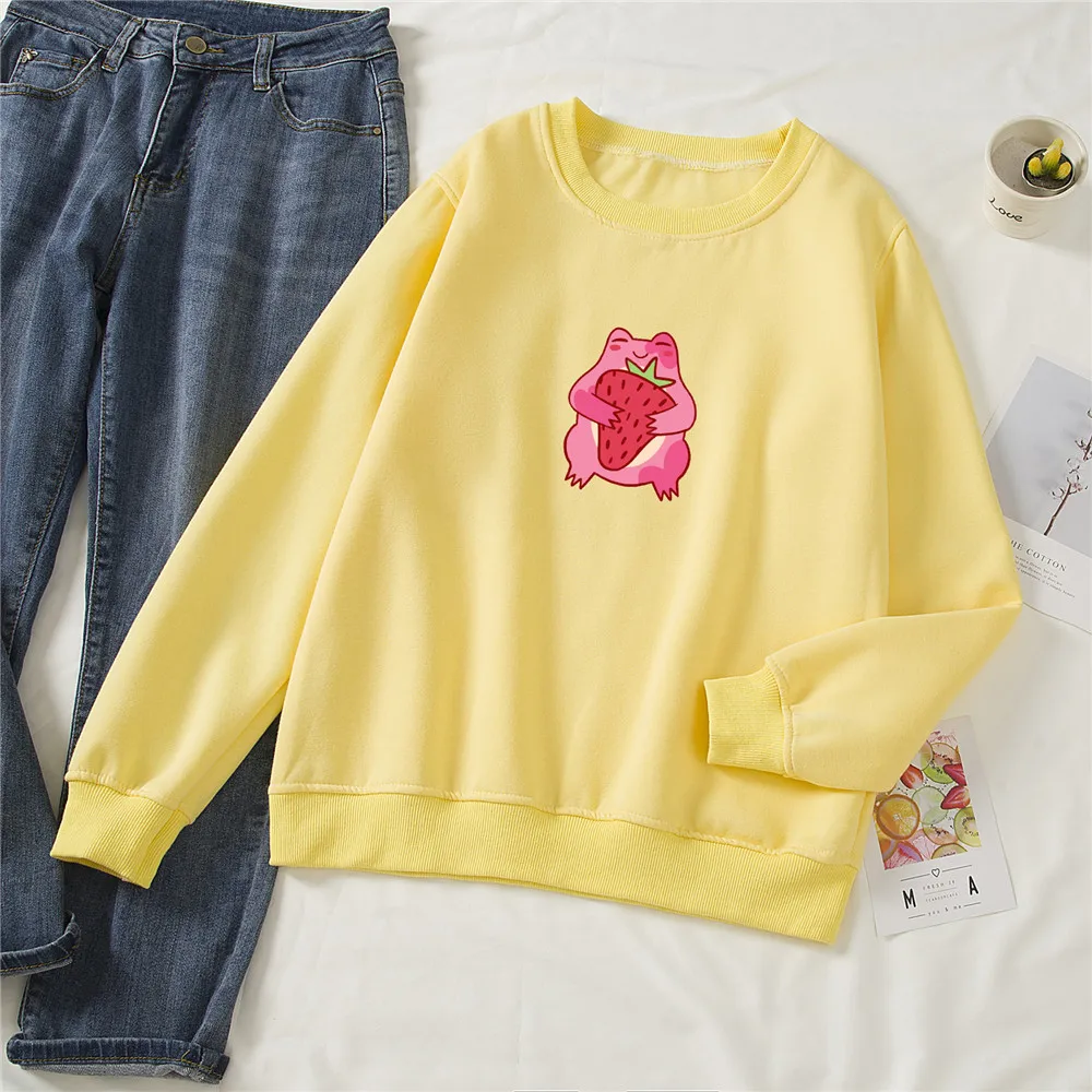 

Женская хлопковая толстовка большого размера, с капюшоном в стиле Харадзюку, с мультяшными клубничками, с рисунком лягушки