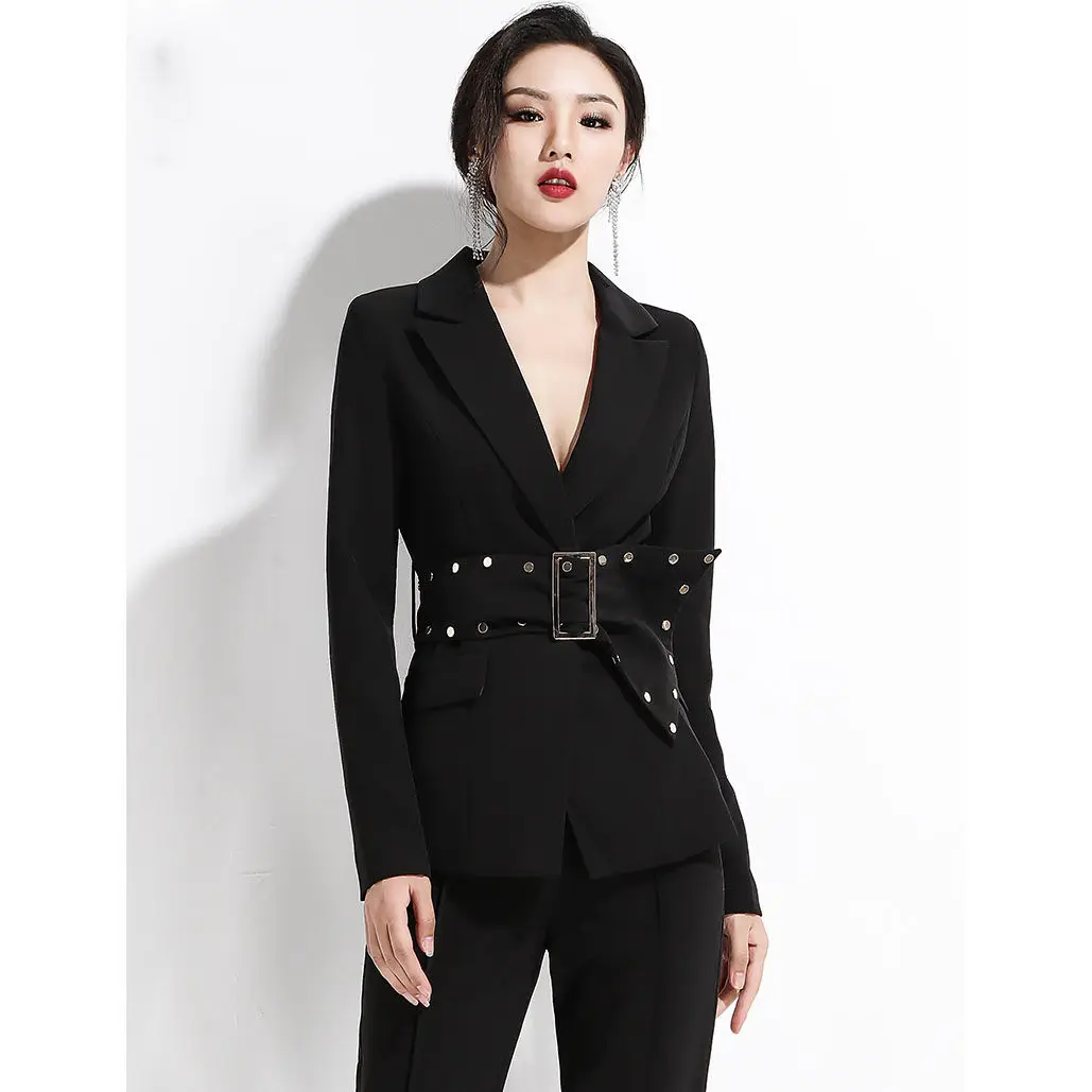

Женский винтажный офисный комплект из 2 предметов, блейзер на пуговицах с поясом и брюки с широкими штанинами, повседневный однотонный кост...