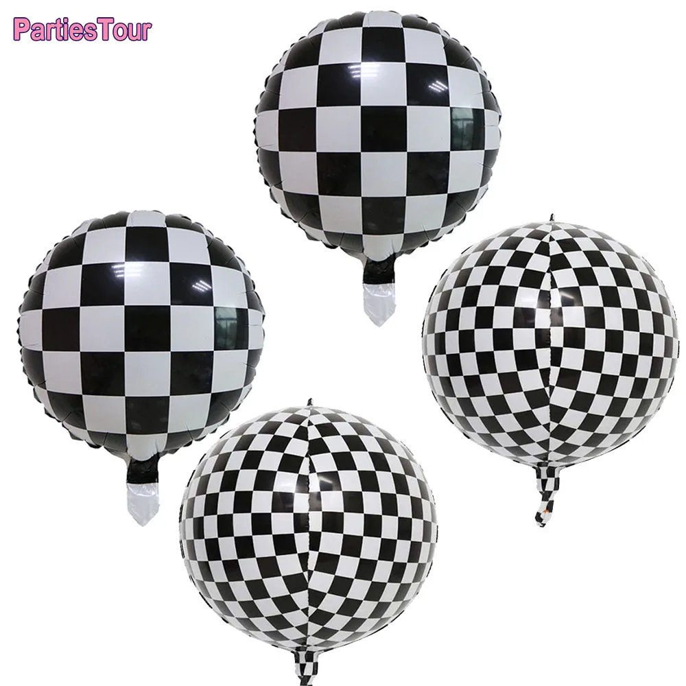 2pcs Big 22 Inch 4d Black White Checkered Balloons 18inch 2d Checkered Flag Ballons Racing Car Theme Birthday Party Decorations