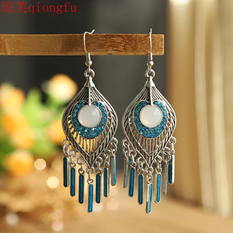 

earings fashion jewelry 2021 New oval water drop long alloy earring retro drop oil Chinese style Bohemia korean designer