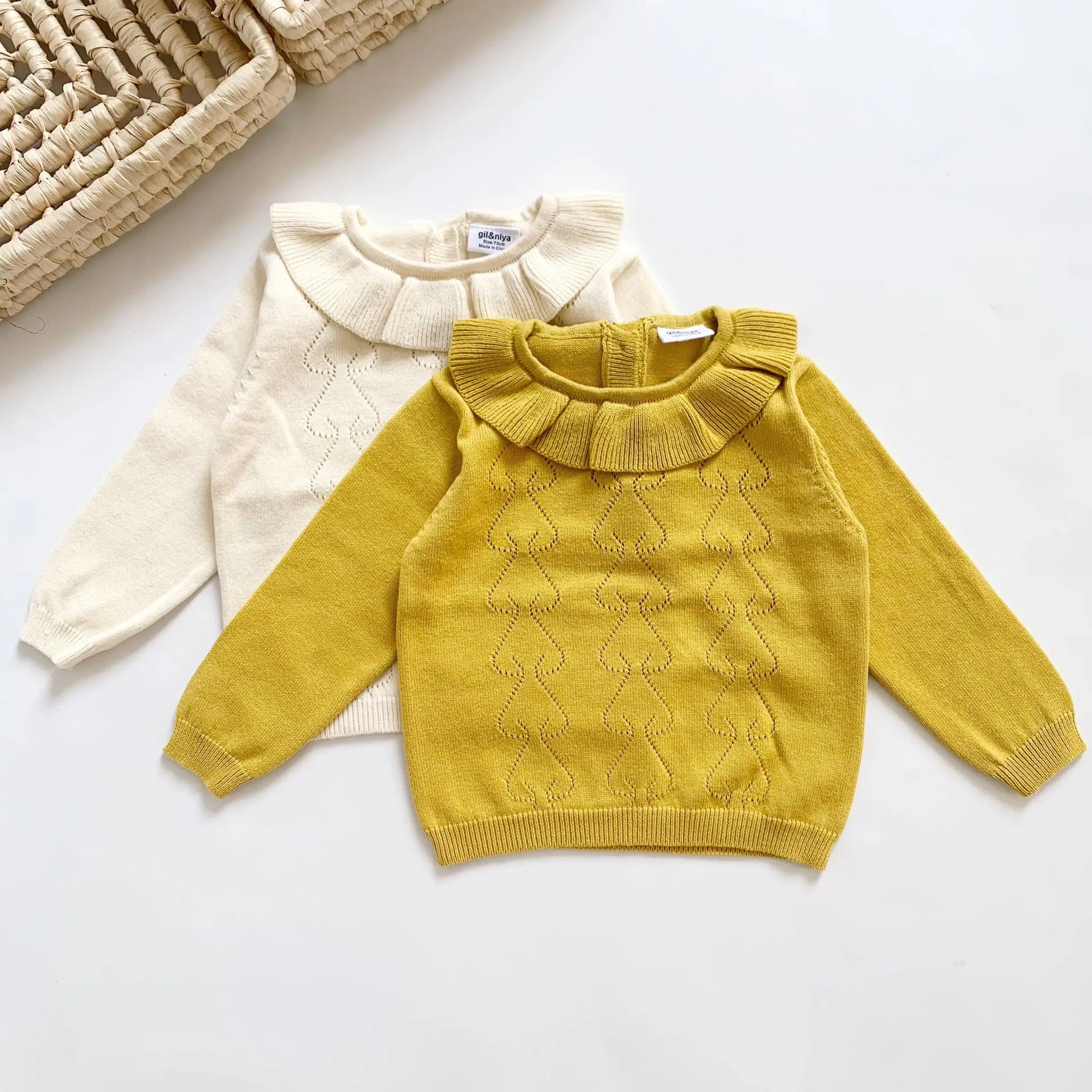 

Вязаный детский свитер на осень и зиму, Свитера для маленьких девочек, хлопковый шерстяной пуловер с рюшами на воротнике для малышей, свитер...