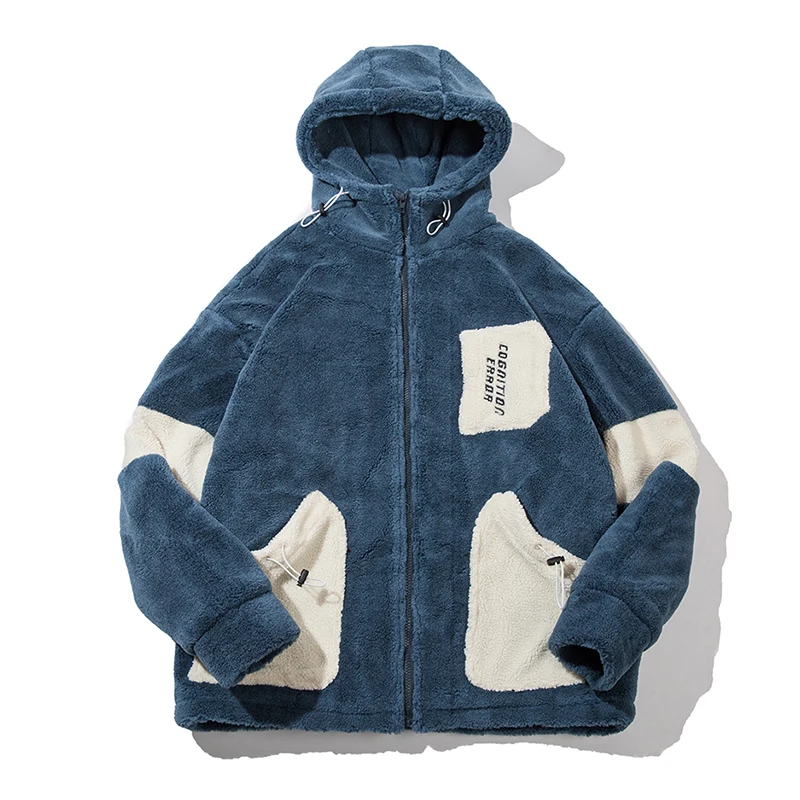 

Color Block Patchwork Winter Jacket Man Women Thick Warm Cashmere Street Outwear Pockets Drawstring Hooded Coat 2020 Winter