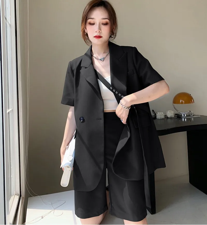 

2021 summer Korean women 2 Piece Sets Crop Top Office short sleeve Coat + High Waist shorts Set Suits