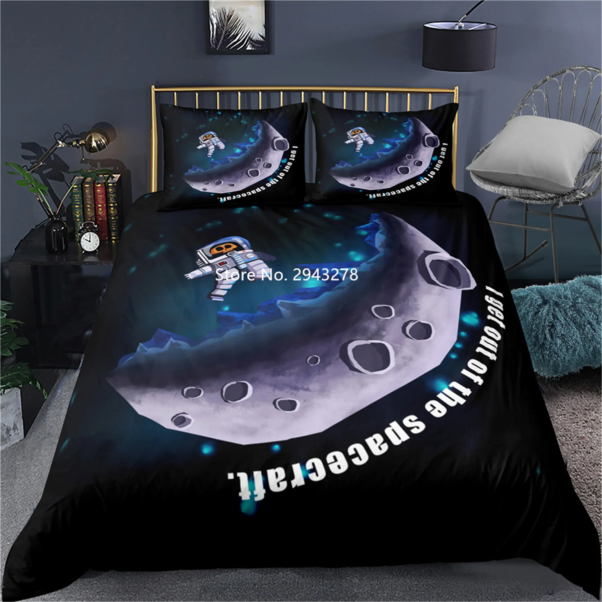 

Home Textile Space Man Moon Pattern Black Duvet Quilt Cover Pillowcase Bedding Set Children and Teenagers Bedroom Decoration