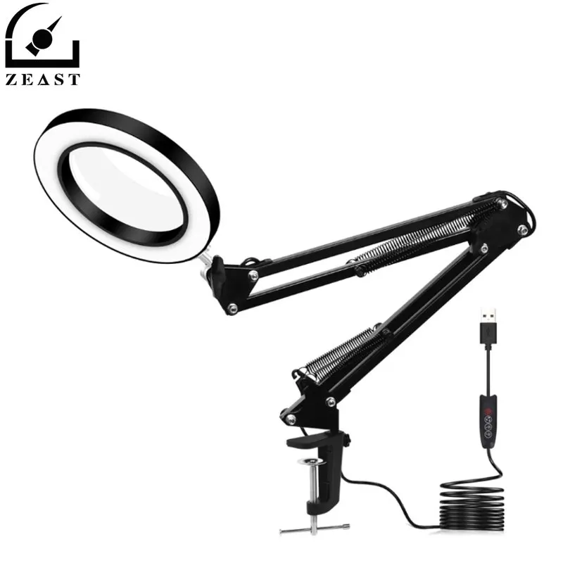 

Flexible Desk Large 33cm+33cm 5X USB LED Magnifying Glass 3 Colors Illuminated Magnifier Lamp Loupe With Long Bracket