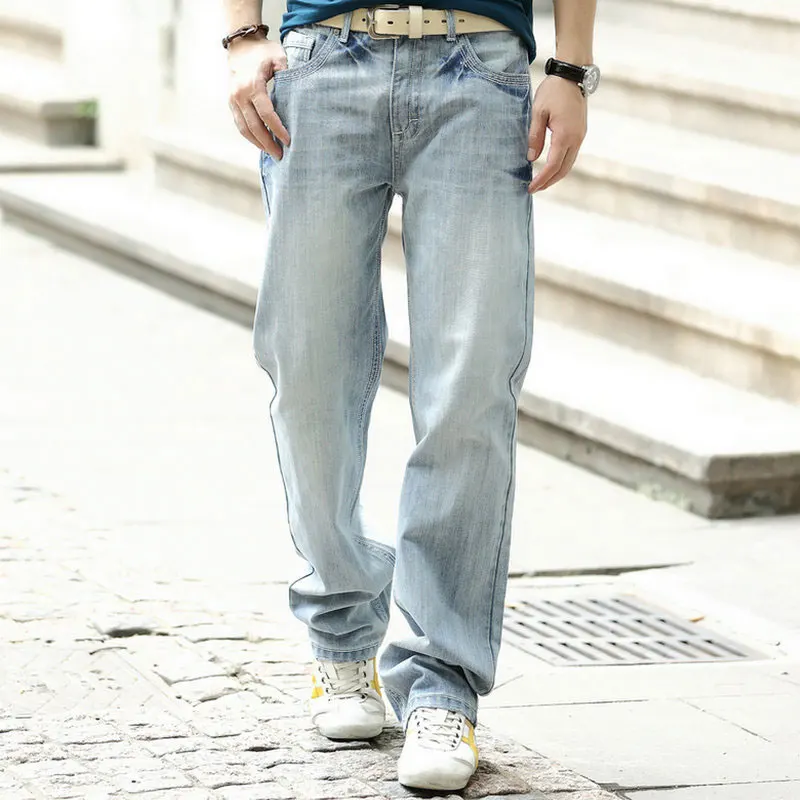 Large Size 28-44 Loose Baggy Straight Classic Men Jeans Casual Hip Hop Skateboard Denim Trousers Light Blue Wide Leg Pants | Мужская