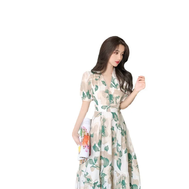 

Floral Dress Women Summer Elegant Chiffon French V Neck Dress Short Sleeve Midi Vintage Dress Lace Up Party Dresses
