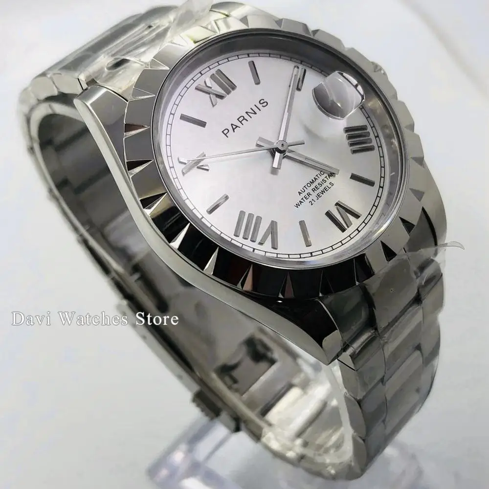 Мужские часы Parnis 39 мм серебристый чехол сапфировое стекло серебристые