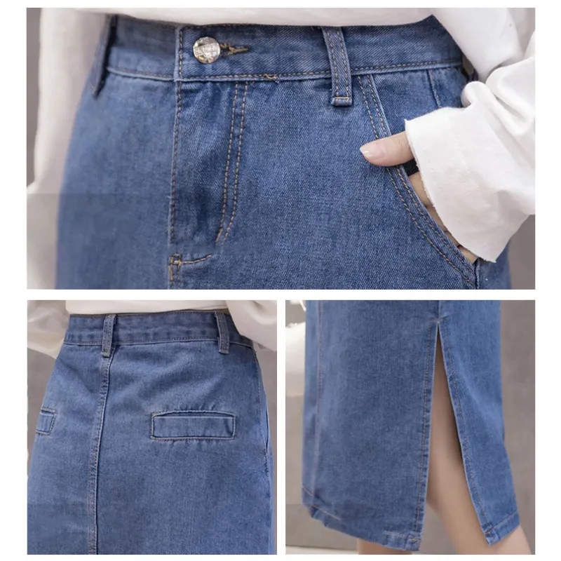 

Women Summer Solid Denim Skirt Casual High Waist Hem with Pocket Knee Length Jeans Skirt