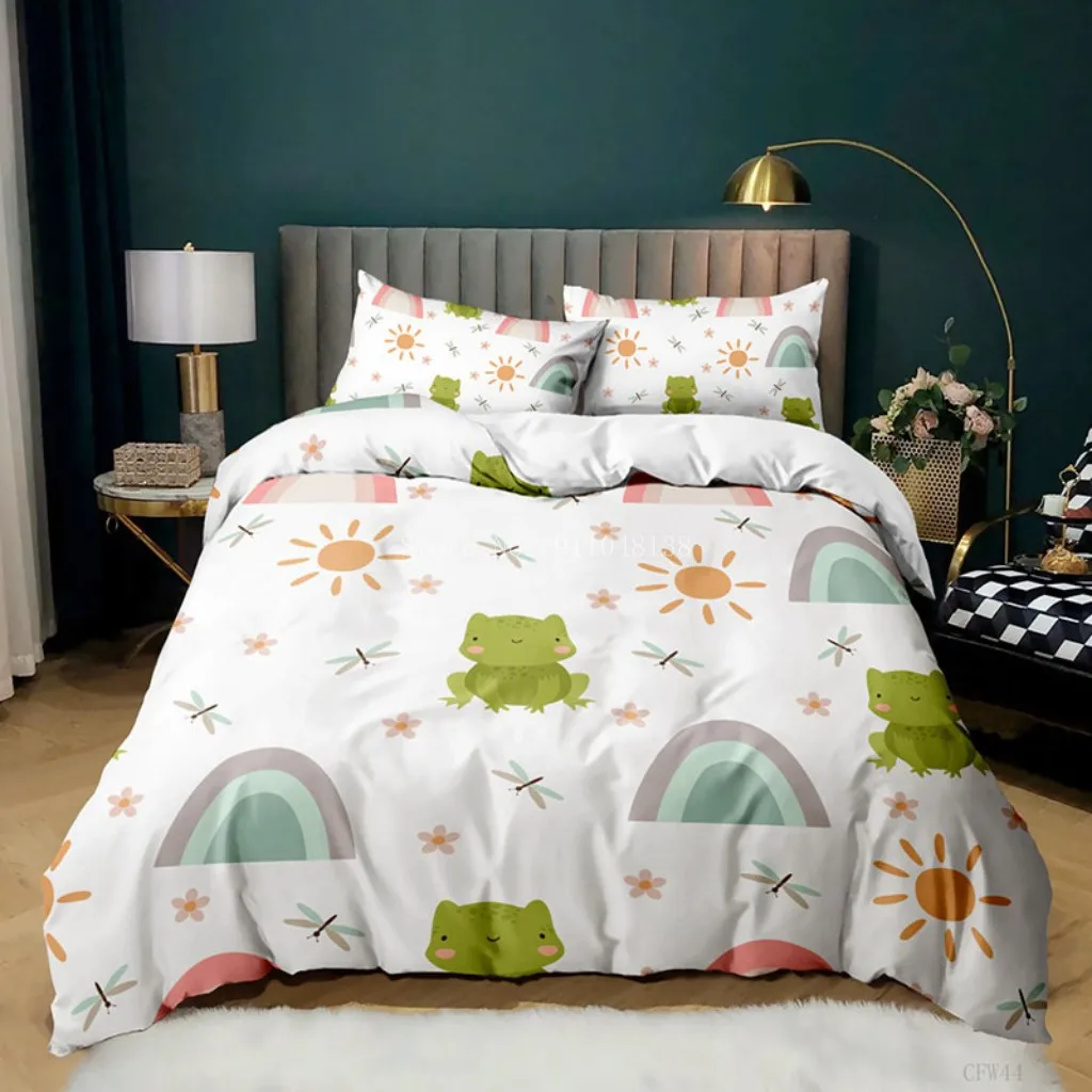 Animal Frogs Duvet Cover Set Queen Soft Lightweight Polyester Microfiber Cartoon Frog Pattern Bedding for Kids Boys Girls | Дом и сад