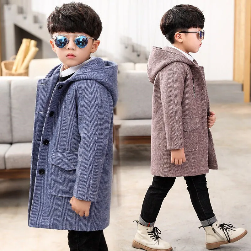 

4-14T Boy Woolen Coat Children's Jacket 2021 New Fashion Hooded Slim Thick Plus Cotton Winter Coat For Boys High Quality