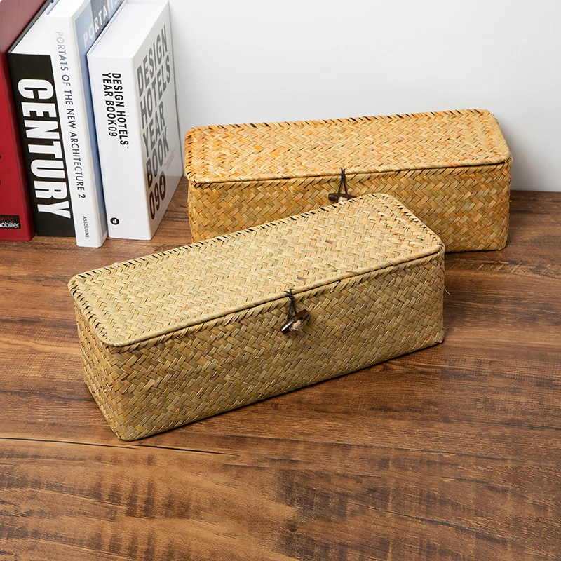 

3 Grid Woven Storage Box Natual Rattan Cosmetic Box Makeup Stationary Remote Control Organizer Multi-function Container