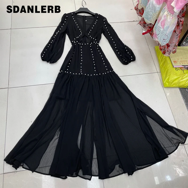 

2021 Summer New Bohemian Beaded V-neck Split Maxi Dress Women's Long Sleeve Sun-Proof Vacation Dress Elegant Long Dress