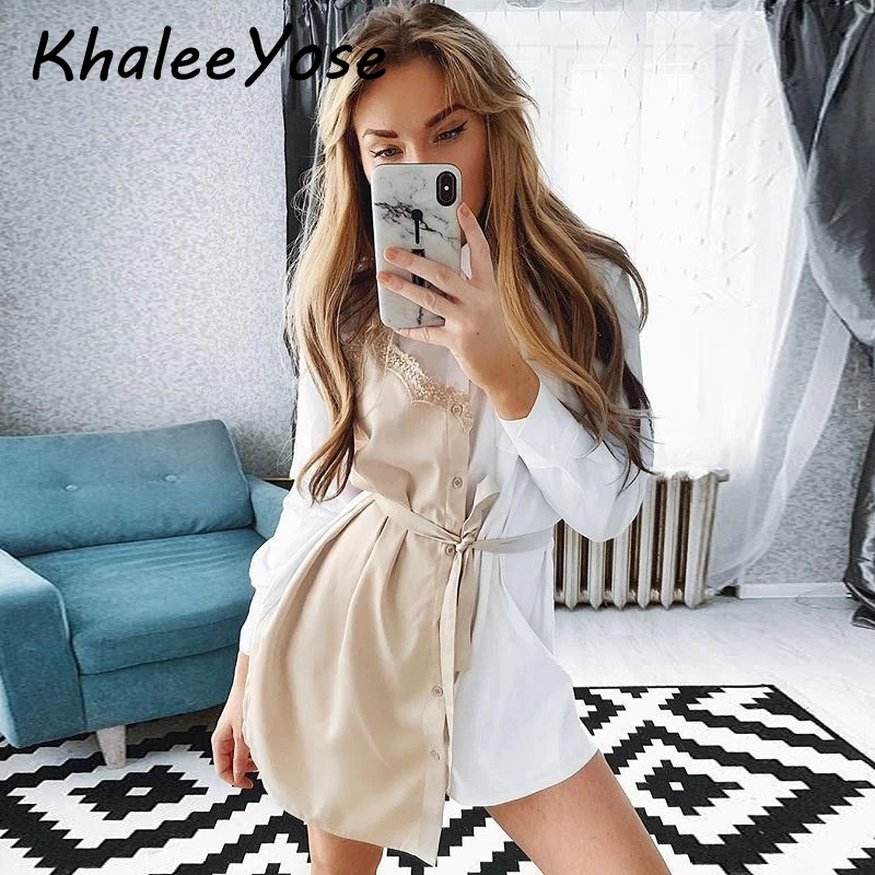 KHALEE YOSE белое черное платье-рубашка осень-весна с длинным рукавом женские