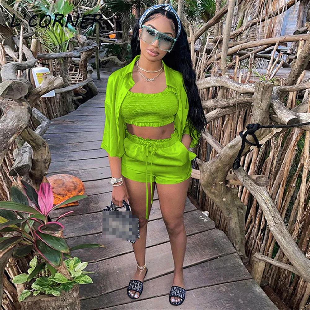 

Casual Outfits Sexy Satin 3 Piece Set Ruffle Strapless Crop Top Sleeve Coat Bandage Biker Shorts Party Night Club Matching Sets