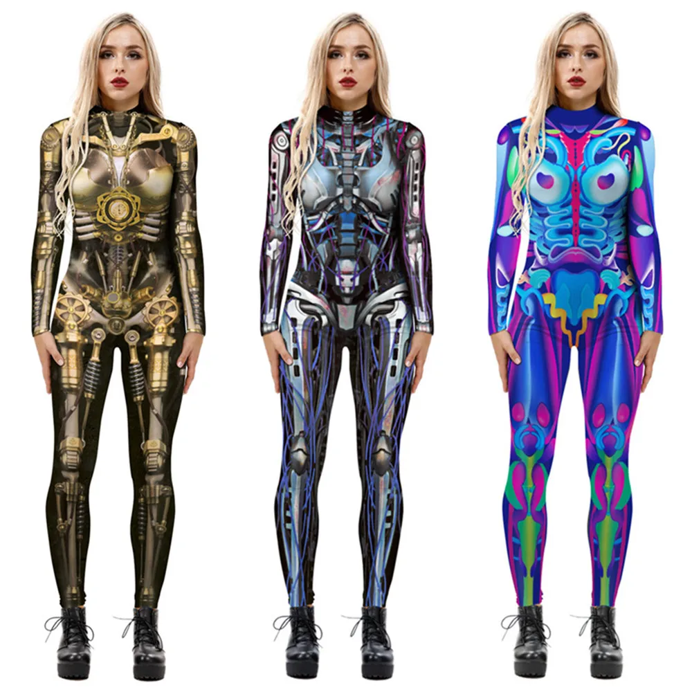 

Halloween Women Robot Punk Gothic Skeleton Skull Horror Print Jumpsuit Ladies Sexy Cosplay Catsuit Femme Costume Zentai Bodysuit