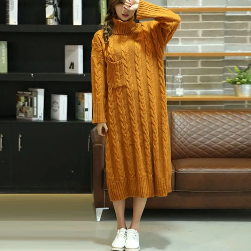 Edition Thickened High-collar Sweater Long Skirt Women's Super-long Knee Knitted Dress Tide over Loose Wharf | Женская одежда