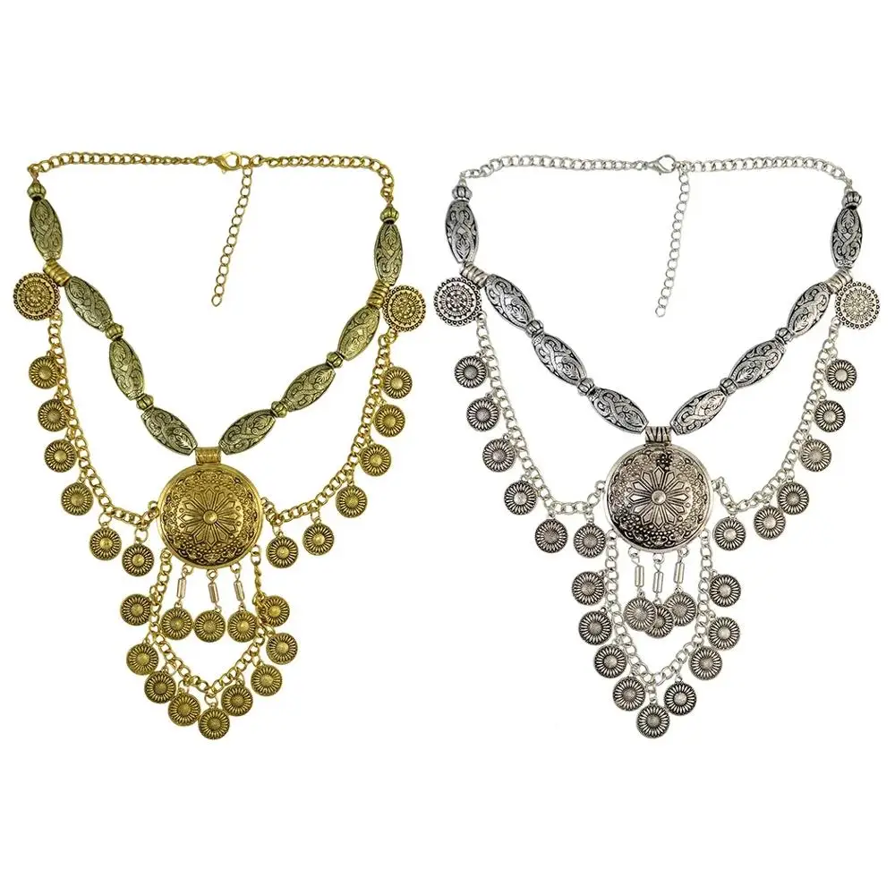 

Bohemian Vintage Charm Necklace Carved Flower Tassel Pendant Chain Drop Long Alloy Necklaces for Women ethnicJewelry