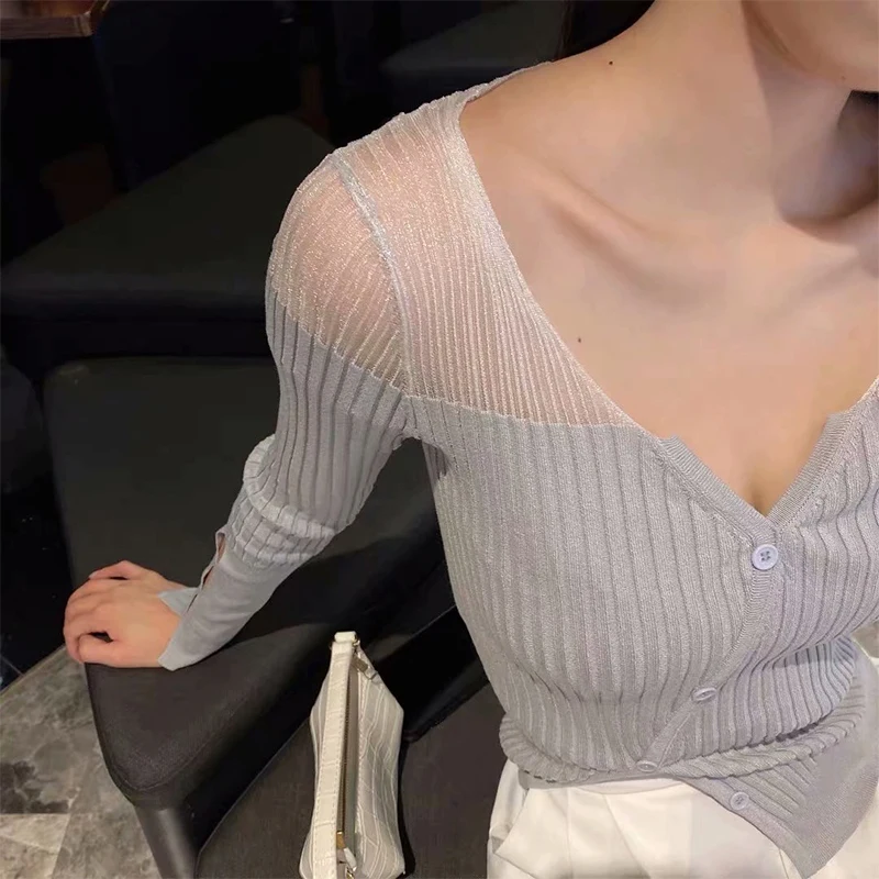 

ZA 2020 New Women Autumn Net yarn Splicing V neck knitted sweater Slim Cardigan Outerwear Single breasted Hollow out sweater