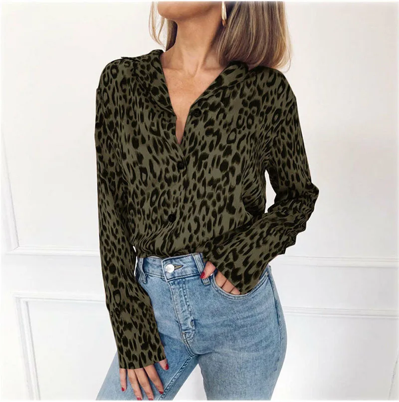 

S-3XL Hot Sale Fashion V Neck Elegant Chemise Sexy Leopard Printed Women Blouse Long Sleeve Loose Shirt Top Femme Plus Size
