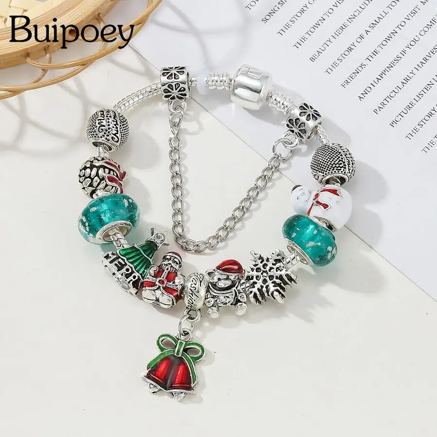 

Buipoey Fashion Green Christmas Tree Santa Claus Bell Charm Bracelets For Women Original Luminous Glass Bead Bead Bracelet Gifts