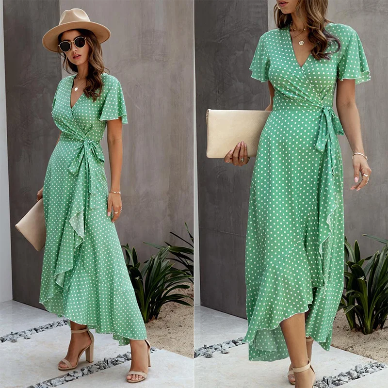 

Summer Maxi Dress Women Polka Dot Sexy V Neck Ruffles Short Sleeve Holiday Long Beach Sundress Ladies Lace Up Wrap Party Dresses