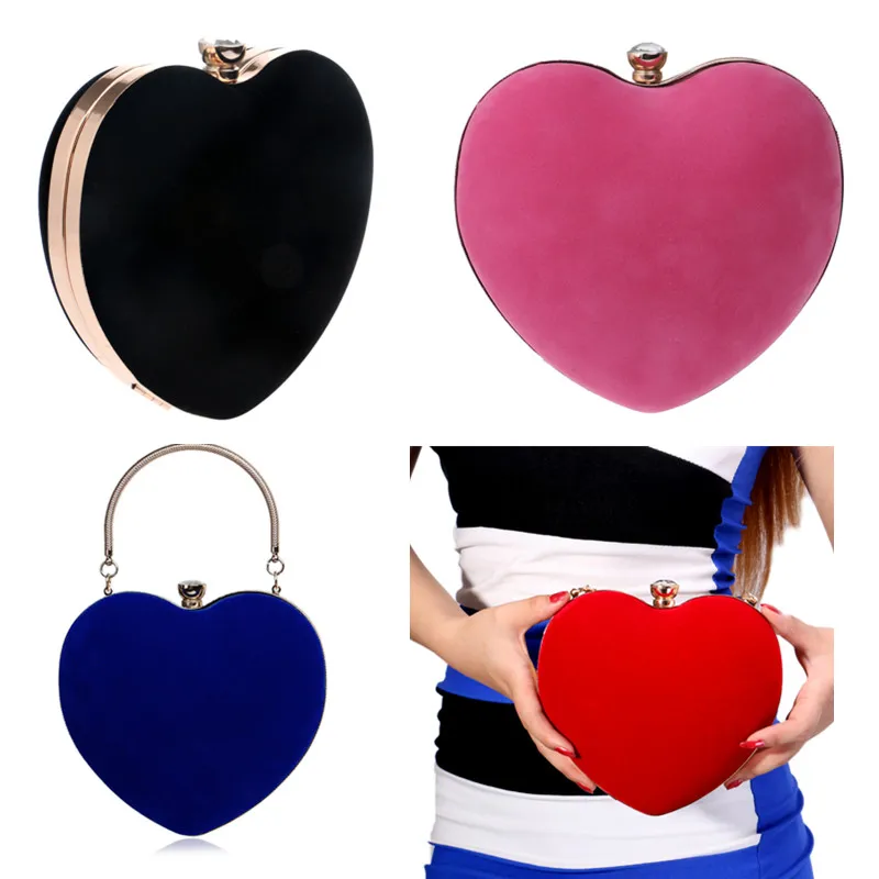 Red Heart Design Women Clutch Small Diamonds Golden Velvet Evening Bags Party Wedding Handbags Purse For Female images - 6