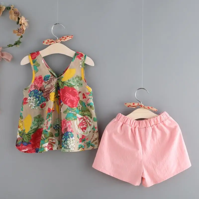 

Two Pieces Newborn Baby Girl Summer Sleeveless Floral Printed T-Shirt Casual Loose Pink Kids Short Pant Pajamas Fashion Suits